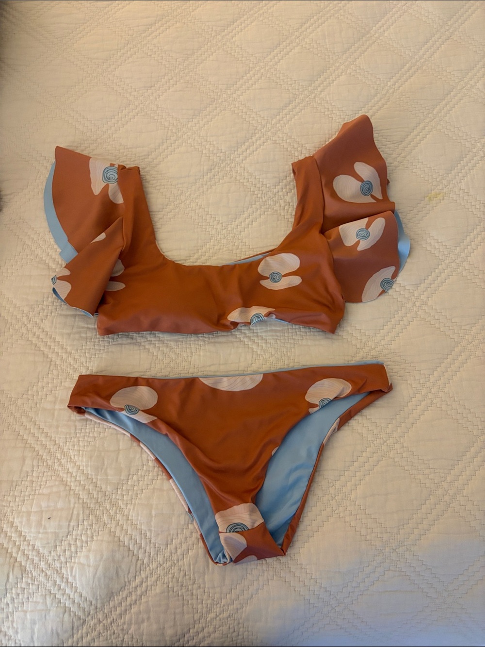 Rust Floral Ruffle Women’s Bikini Set with Light Blue Lining